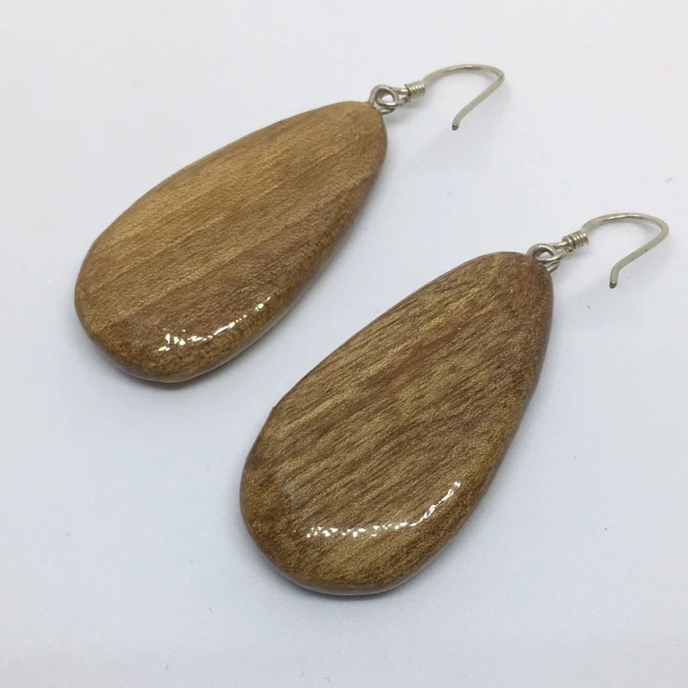 Hand Painted Walnut Wood Sterling Silver Teardrop Earrings Turquoise Pink Floral - Picture 4 of 8